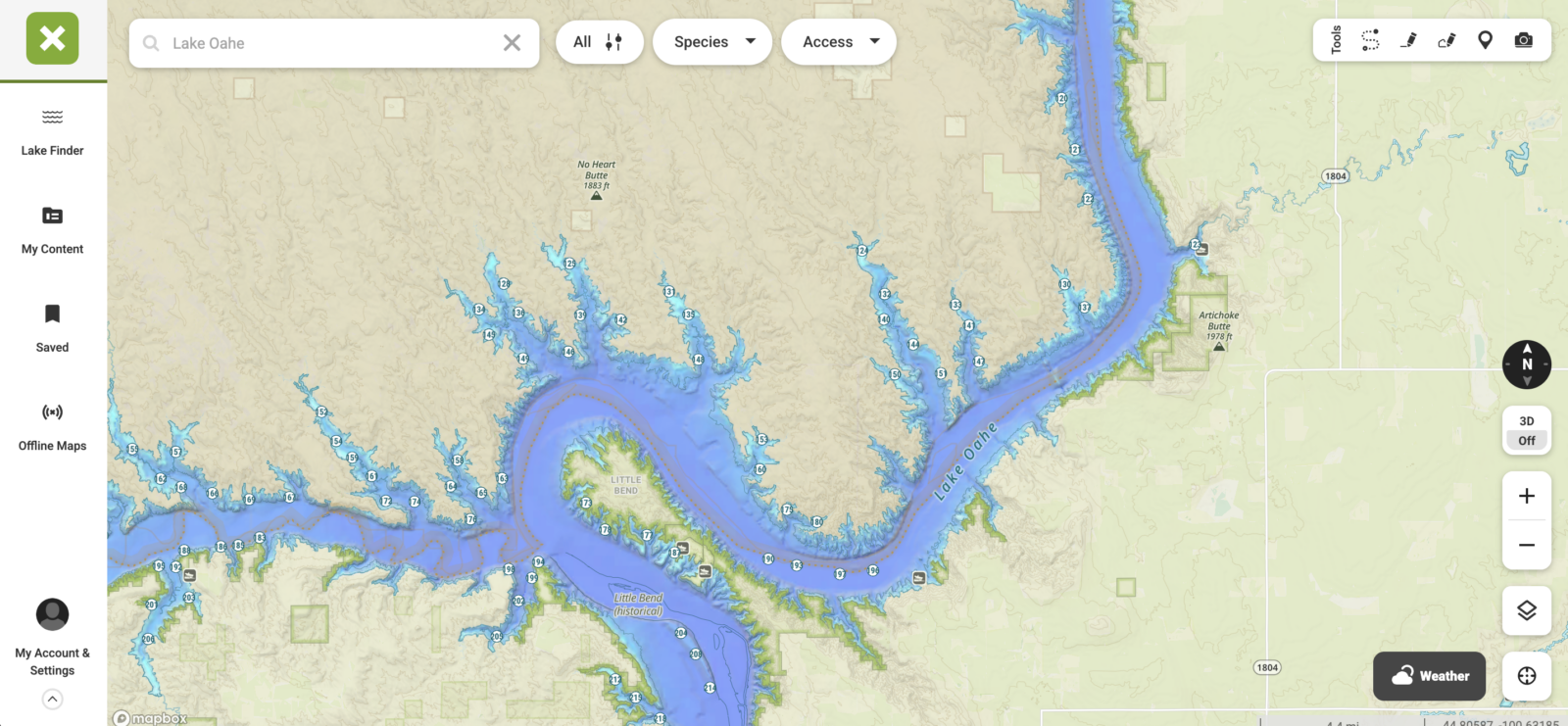 Lake Oahe maps on the onX Fish app